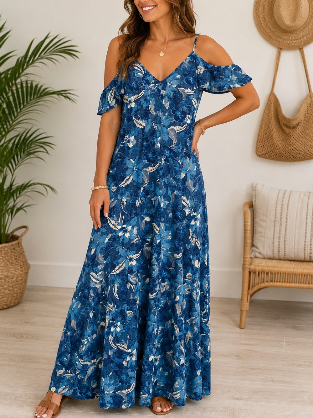 Caribbean Joe Blue Floral Cold-Shoulder Maxi Dress